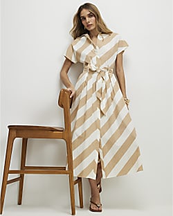 Beige Striped Midi Shirt Dress
