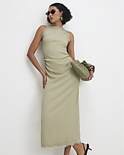 Green Lace Trim Textured Midi Dress