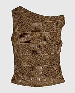 Petite Khaki Lace Off The Shoulder Top