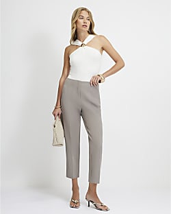 Beige High Waisted Cigarette Trousers