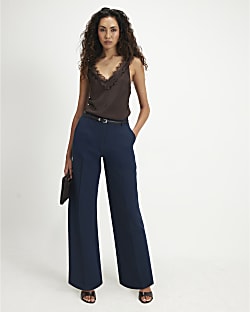 Navy Belted Slim Leg Trousers