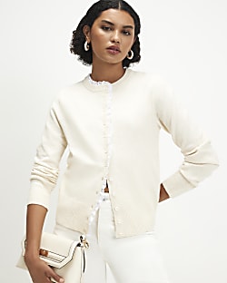 Cream Frill Trim Button Up Cardigan