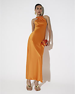 Orange Halter Neck Midi Dress