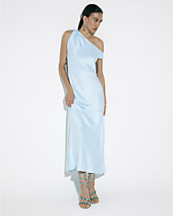Blue Satin One Shoulder Maxi Dress