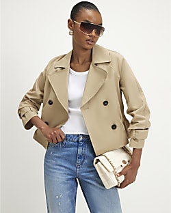 Beige Waisted Cropped Trench Coat