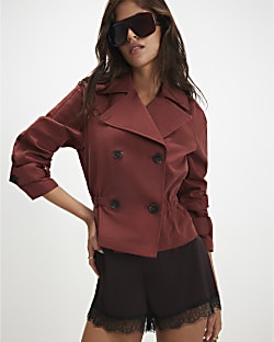 Red Casual Waisted Crop Trench Jacket