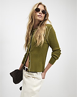 Khaki Cotton Cable Knit Cardigan