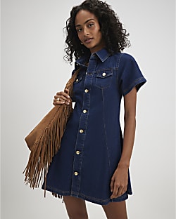Blue Button Through Denim Shirt Mini Dress