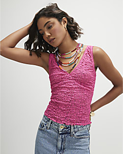 Pink Lace V Neck Cami