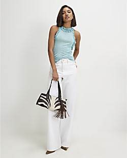 Blue Sheer Knit Frill Halter Neck Top