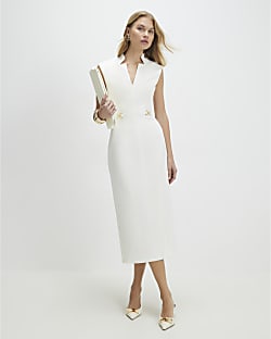 White Notch Neck Gold Detail Midi Dress
