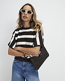 Cream Knitted Striped Short Sleeve T-Shirt