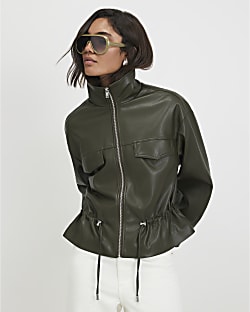 Khaki Faux Leather Drawstring Funnel Jacket