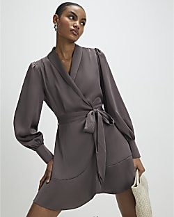 Purple Satin Wrap Front Mini Dress