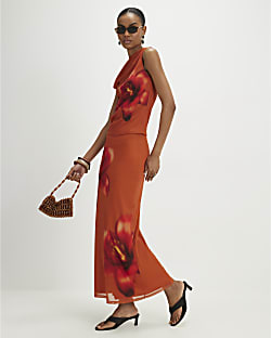 Orange Mesh Floral Print Maxi Skirt