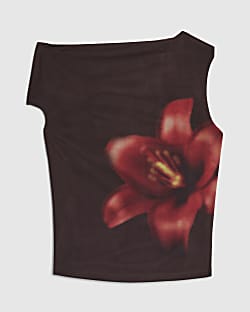 Petite Brown Mesh Floral Print Top