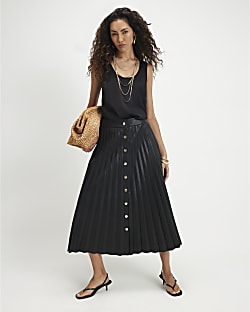 Black Popper Front Pleated Midi Skirt