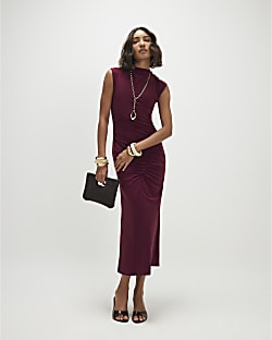 Red Sleeveless Ruched Maxi Dress