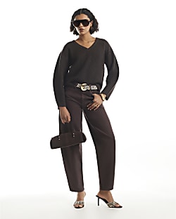 Brown Rib V Neck Jumper