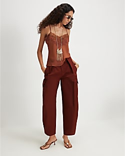 Red Twill Pleat Front Barrel Leg Trousers