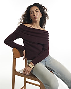 Burgundy Gathered Bardot Jumper