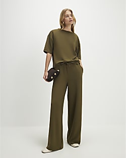 Khaki Premium Whipstitch Wide Leg Joggers