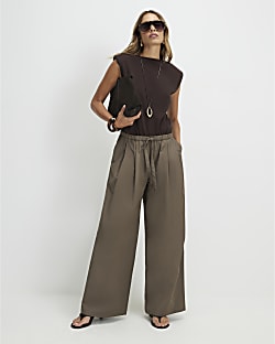 Khaki Mid Rise Drawstring Wide Leg Trousers