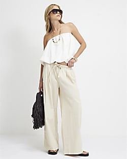 Cream Mid Rise Drawstring Wide Leg Trousers