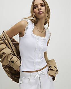 White Lace Trim Ruffle Tank Top