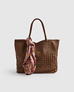 Beige Scarf Leather Woven Shopper Bag