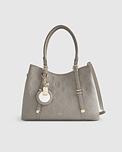 Grey Embossed Monogram Charm Tote Bag