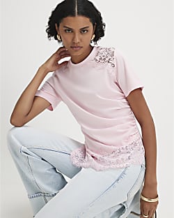 Pink Short Sleeve Lace Aysmmetric Ruched Top