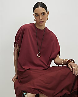 Red Ruched Sleeve T-Shirt