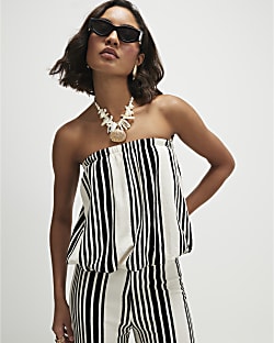 White Jersey Striped Bubble Hem Bandeau Top