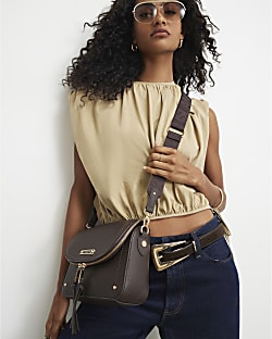 Brown Zip Flap Front Crossbody Bag
