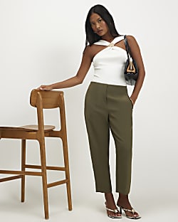 Petite Khaki High Waisted Cigarette Trousers