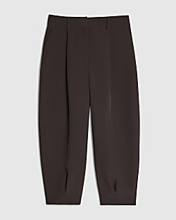 Petite Brown Pleat Detail Barrel Leg Trousers