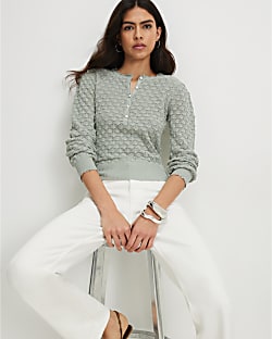 Green Knit Pointelle Stitch Henley Top