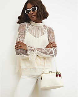 Cream Framed Cherry Charm Clutch Bag