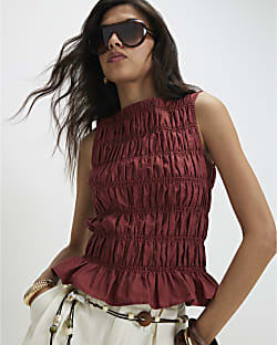 Red Cotton Sleeveless Shirred Tank Top