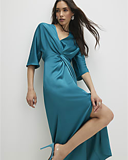 Green Long Sleeve Twist Front Midi Dress