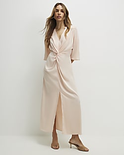 Pink Short Sleeve Twist Front Midi Dress