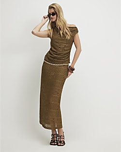 Khaki Lace Midi Skirt