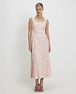 Pink Sleeveless Devore Burnout Midi Dress