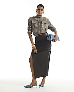 Brown Faux Leather Side Twist Midi Skirt