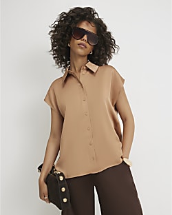 Beige Satin Short Sleeve Shirt
