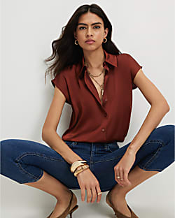 Brown Satin Short Sleeve Shirt