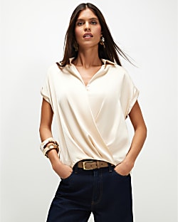 Beige Collared Satin Wrap Blouse