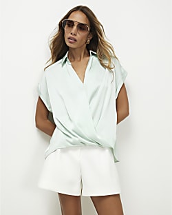 Green Collared Satin Wrap Blouse