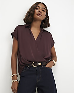 Brown Satin Collared Wrap Blouse